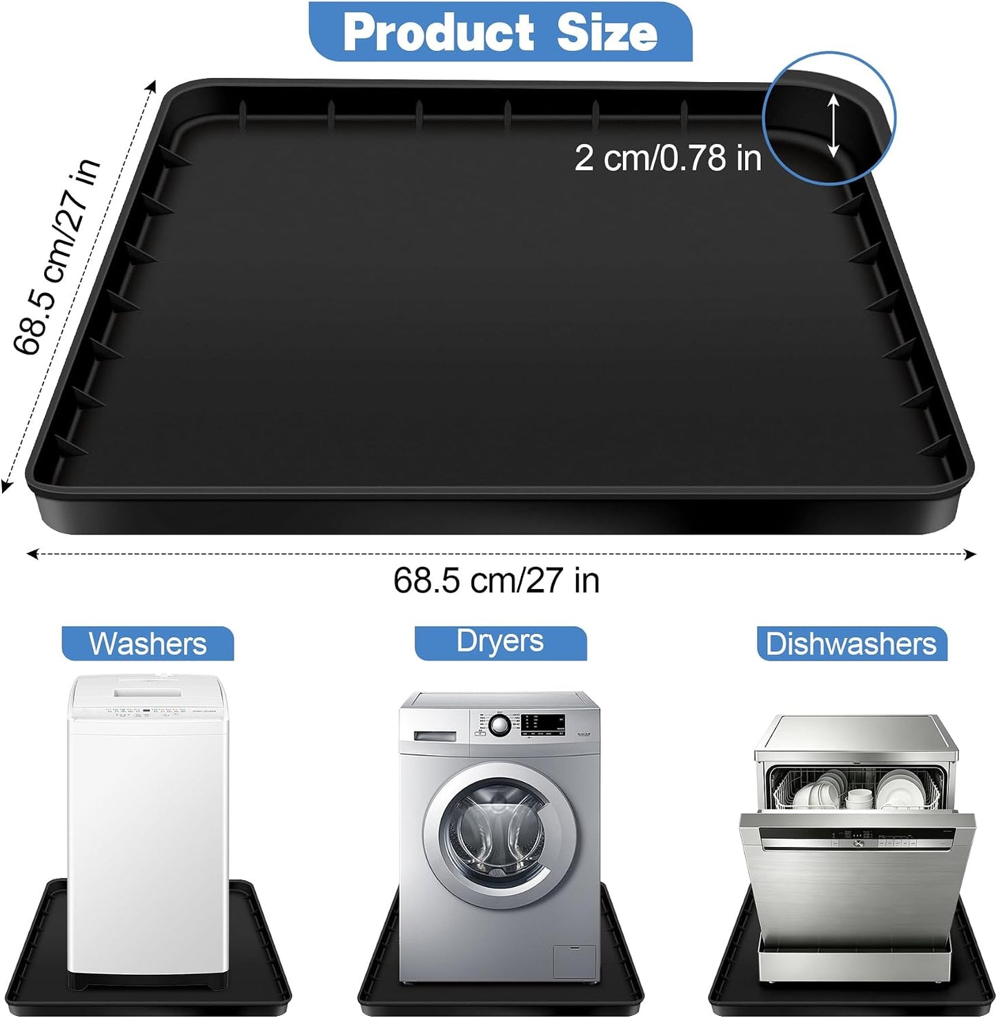 ToLanbbt 27" x 27" Washing Machine Drain Pan Mat, Soft Silicone Washer Drip Tray with 0.78" Raised Edge, Water-Proof Anti-Vibration Leak-Proof Floor Protector for Under Washer, Dryer, Fridge (Gray)