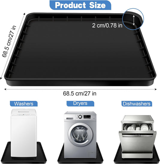 ToLanbbt 27" x 27" Washing Machine Drain Pan Mat, Soft Silicone Washer Drip Tray with 0.78" Raised Edge, Water-Proof Anti-Vibration Leak-Proof Floor Protector for Under Washer, Dryer, Fridge (Gray)