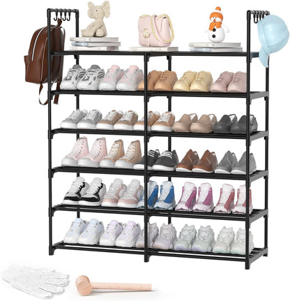 3 Row 4 Tier Long Shoe Rack, Black Metal Stackable Shoe Shelf with Multifunctional Hooks, Shoe Storage Hold 24-30 Pairs, Space Saving Shoe Organizer for Closet,Wide Shoe Rack