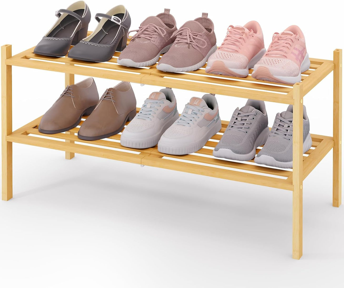 Smiry Bamboo Shoe Rack, 3 Tier Free Standing Wooden Shoe Organizer, Stackable Wood Shoe Storage Shelf for Closet, Entryway, 5 Horizontal Slats, 26.8"x11"x18.3", Natural