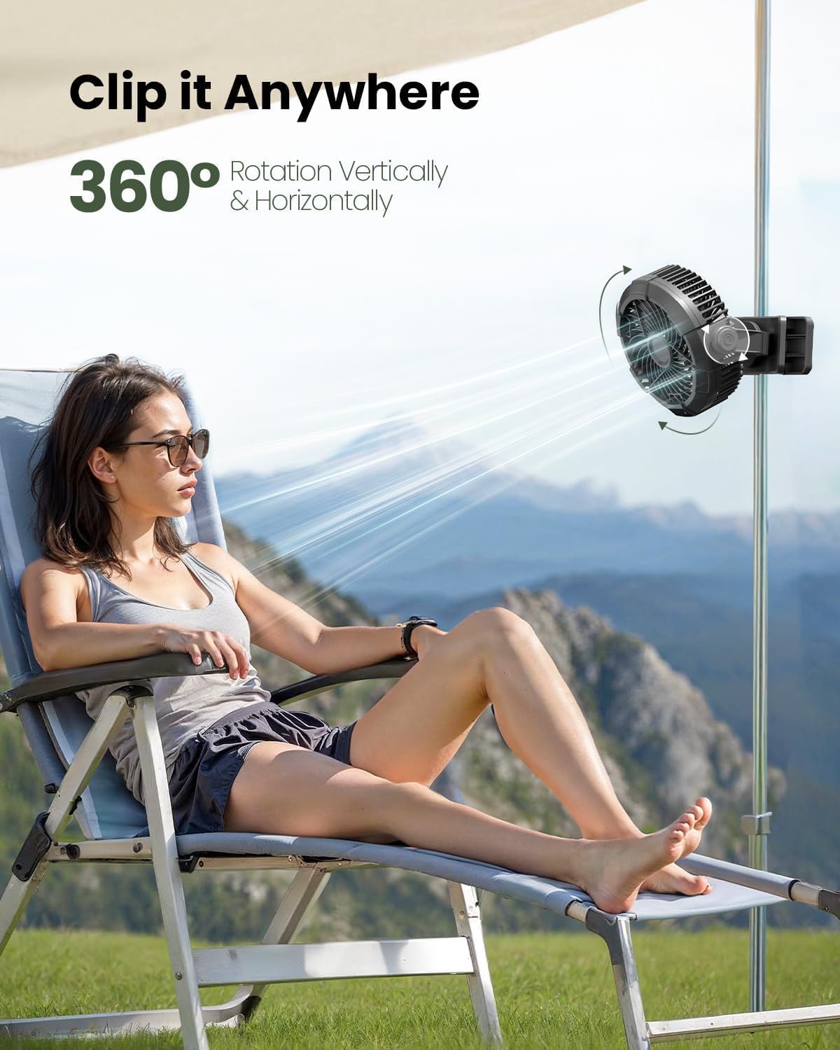 Gaiatop Portable Camping Fan with LED Lantern, 360°Rotation and Clip on for Desk, USB Rechargeable Battery Powered, Digital Display and Hanging Hook for Tent Outdoor Travel Bedroom Black