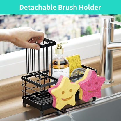 HapiRm Sponge Holder for Kitchen Sink - Self-draining Sink Caddy with Brush and Dishcloth Holders, Stainless Steel Kitchen Countertop Organizers and Storage Essentials - Black