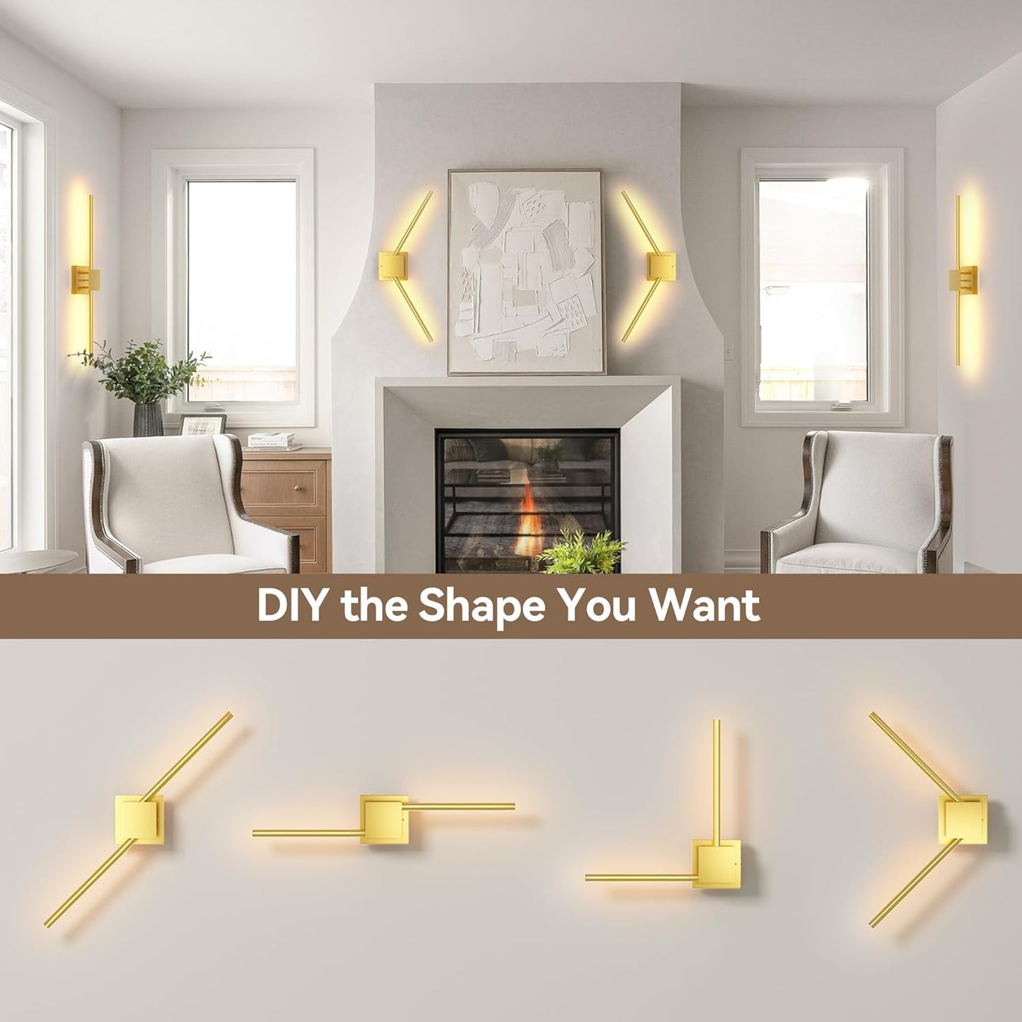 Torchlet Battery Operated Wall Sconces Set of 2 with Remote Control,DIY Independent Rotation Picture Lights,3000K-6000K Dimmable LED Rechargeable Wall Lights for Living Room Bedroom, 28.3'' Gold