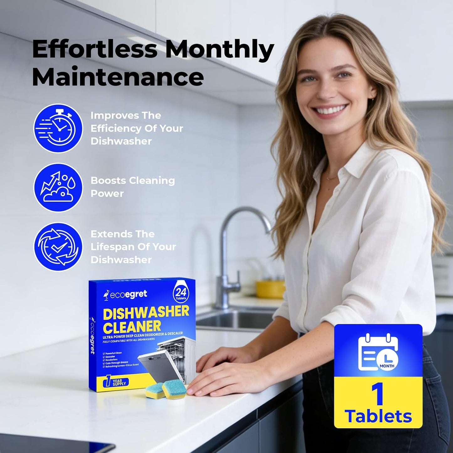 Dishwasher Cleaner Tablets (24 Count) - with Fresh Lemon Scent Dishwasher Cleaner and Deodorizer, Deep Cleans & Descales, Fits All Dishwashers, Septic Safe, 12 Month Supply