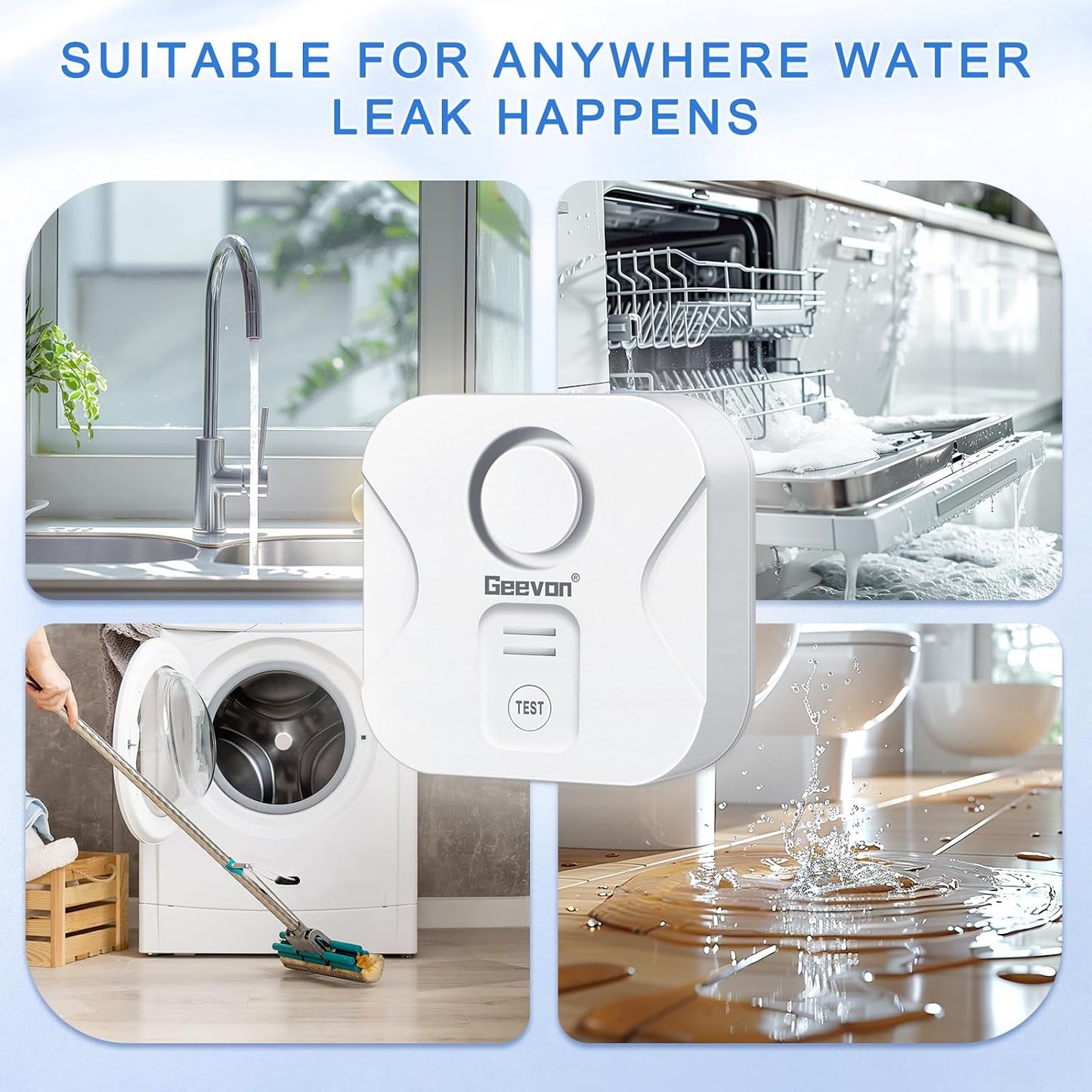 Geevon 2 Pack Water Leak Detectors for Home, 100dB Water Sensor Alarm Flood Leakage Detection Devices for Bathroom, Basements, Laundry Rooms, Kitchen, IP56 Waterproof(Battery＆Screwdriver Included)