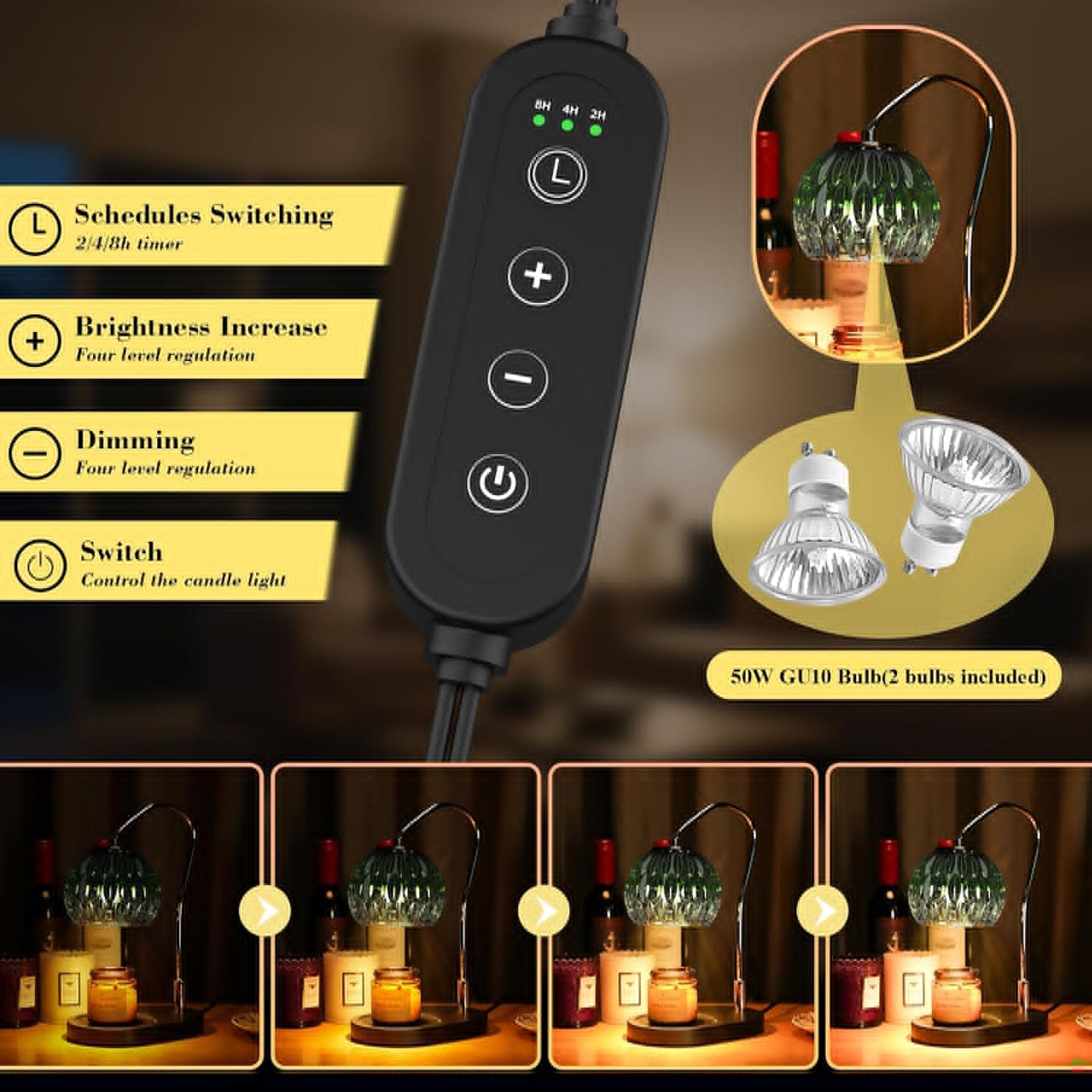 Candle Warmer Lamp with Timer & 4-Level Dimmer, Electric Wax Warmer for Jar Candles, Black Home Decor with 2 Bulbs, Gift for Women, Men, Housewarming