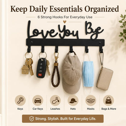 Love You Bye Sign Key Holder Hook Wall Mounted Key Holder Rack Organizer Hanger with 6 Hooks for Wall Express Love Art Decor for Entryway Front Door Kitchen Hallway Office (Love You Bye)