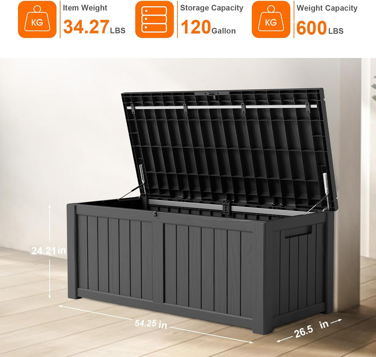PatioZen 100 Gallon Resin Deck Box, Lockable Patio Outdoor Storage Box for Furniture, Garden Tools and Tools Storage, Waterproof Outside Storage Boxes - Black