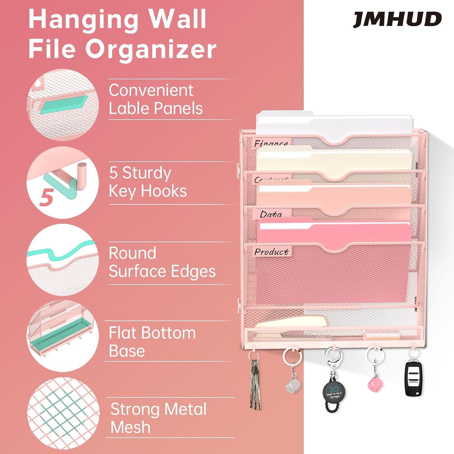 5 Tier Wall File Organizer - Hanging File Organizer with 5 Hooks, Mail Holder Wall Mounted for Papers, Folders, Magazines, Bills, Office&School Organization, Black