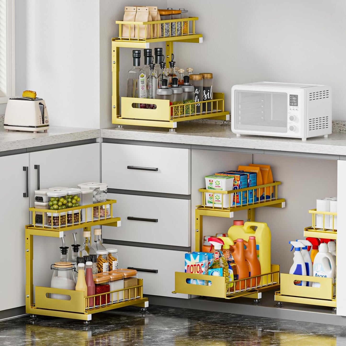 Saydear L-Shaped Under Sink Organizer, 2-Tier Pull-out Cabinet Rack 1-Pack | Black Height-Adjustable Metal Rack, Sliding Grid Drawers with Safety Stopper, Holds 100 Lbs, Ideal Kitchen Cabinet Storage