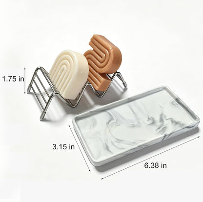 Soap Dish, Stainless Steel Self Draining Shower Bar Soap Holder with Ceramic Dish Tray, W Style Soap Saver for Bathroom, Sink, Kitchen and Countertop(Gray Texture)