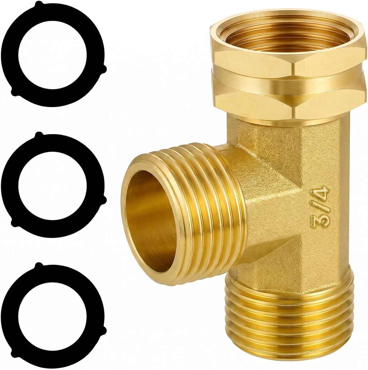 Garden Hose Tee Adapter, Brass Tee Fitting 3/4" GHT Swivel Female x Male x Male Water Pipe Connector Heavy Duty 3 Way Splitter T Shaped Adapter for Outdoor Faucet Hose Bib Drip Irrigation