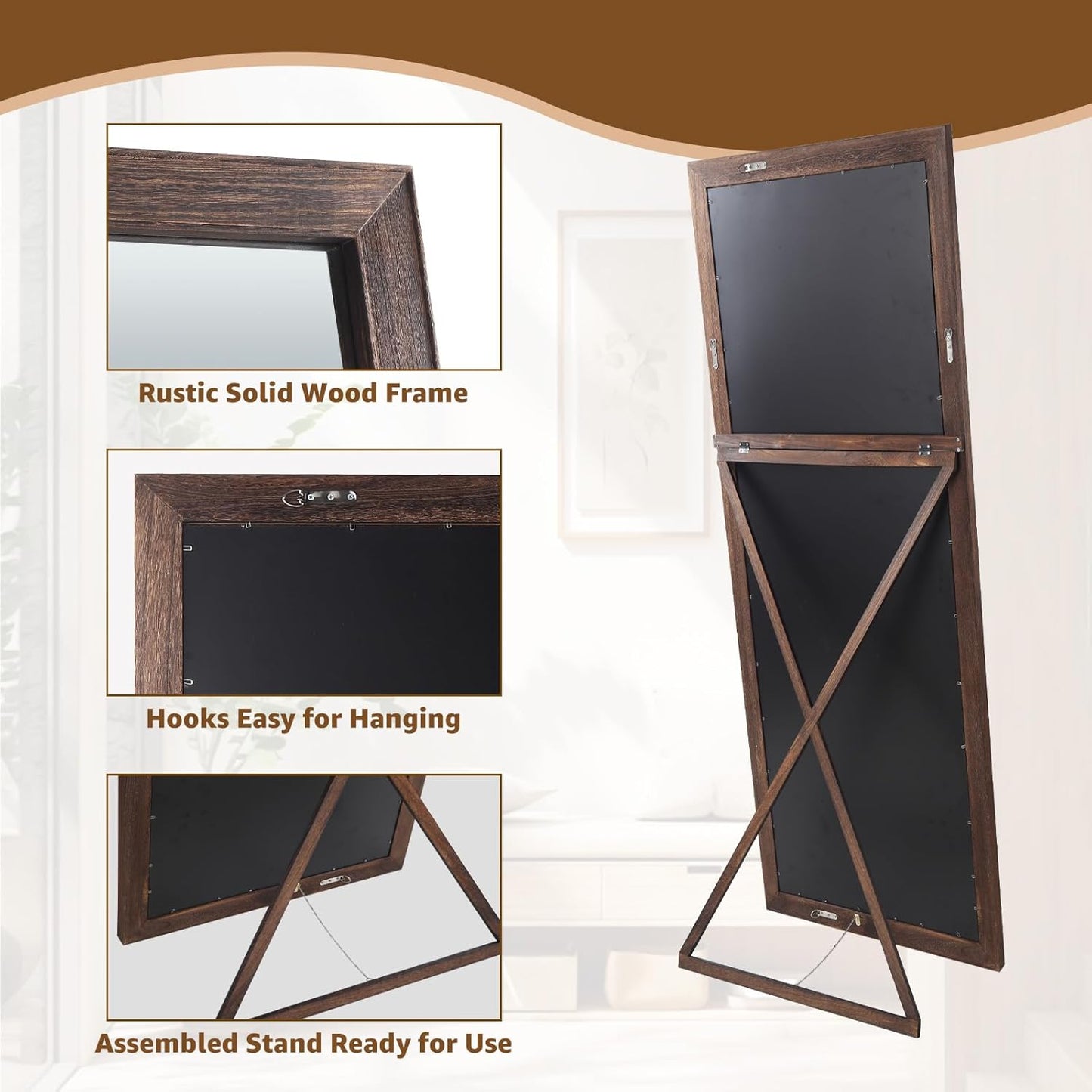 MELOMOIR Rustic Farmhouse Full Length Mirror, 64"x21" Wood Frame Floor Mirror, Free Standing Leaning Hanging Mirror, Long Mirror for Bedroom Living Room Cloakroom