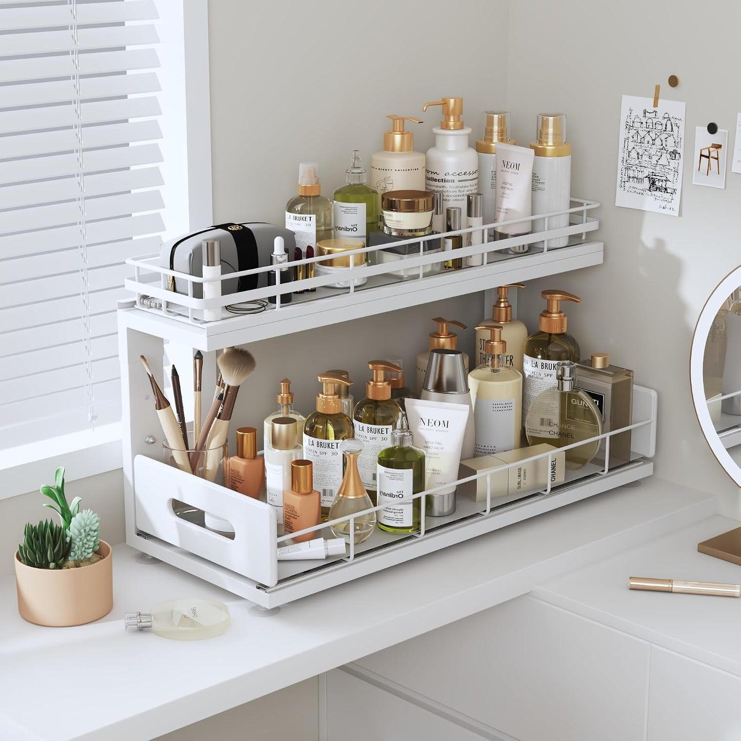 Under Sink Organizer Upgrade To Professional Rails,2-Tier Dual Pull Out Cabinet Storage,Height Adjustable Slide Out Drawers For Bathroom Kitchen,2 Pack-14.5" Dx12.8-16.9" H,White