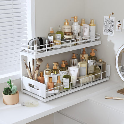 Under Sink Organizer Upgrade To Professional Rails,2-Tier Dual Pull Out Cabinet Storage,Height Adjustable Slide Out Drawers For Bathroom Kitchen,2 Pack-14.5" Dx12.8-16.9" H,White