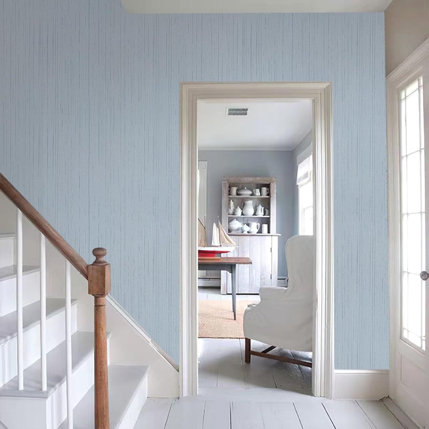 Light Blue Peel and Stick Grasscloth Texture Wallpaper 15.7"x120" Vintage Wallpaper Removable Waterproof