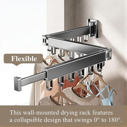 Wall Mounted Foldable Clothes Drying Rack with 18 Hooks, No-Drill, Black | Retractable with 18 Hooks, No-Drill/Drill Dual Installation, Space-Saving Aluminum, For Balcony, Bathroom, Indoor Outdoor