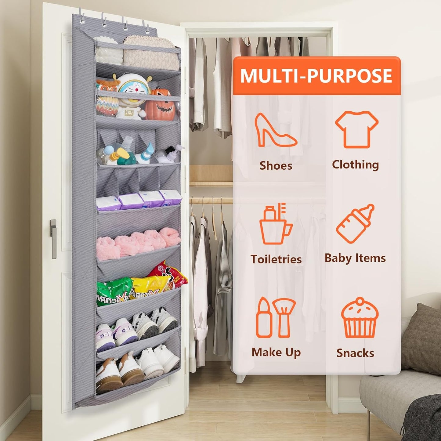 FENTEC 1 Pack Over-the-Door-Shoe-Organizers,Hanging Organizers with Large Pocket Shoe Holder Hanging Shoe Rack for Closet Shoe Organizer for Wall, Over Door Organizer with 15 Pockets Gray
