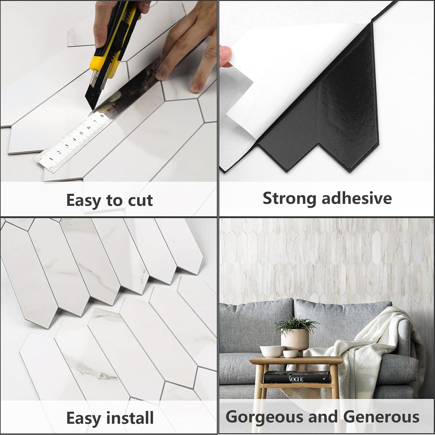 Vamos Tile Glossy Dolomite White Backsplash Tile Peel and Stick, 12.8 x 12.8 Inch 10 Sheets Long Hexagon PVC Self Adhesive Mosaic Wall Tiles Stick on Backsplash for Kitchen and Bathroom