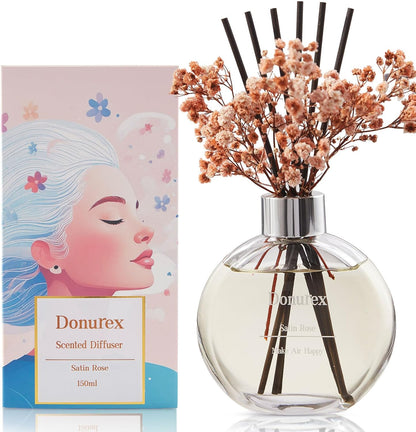 Flower Reed Diffuser Set 5.07oz Satin Rose Scent Diffuser with Sticks Home Fragrance Reed Diffuser for Bathroom Shelf Decor