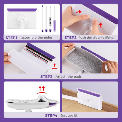 wlich Baseboard Cleaner Tool with Handle 2.0, 60" Extendable Long Handle, Dust Trapping and Locking, 5 Reusable Pads, Purple Base Boards Cleaning Tool for Moldings, Wall, Floor, Bathroom, Kitchen