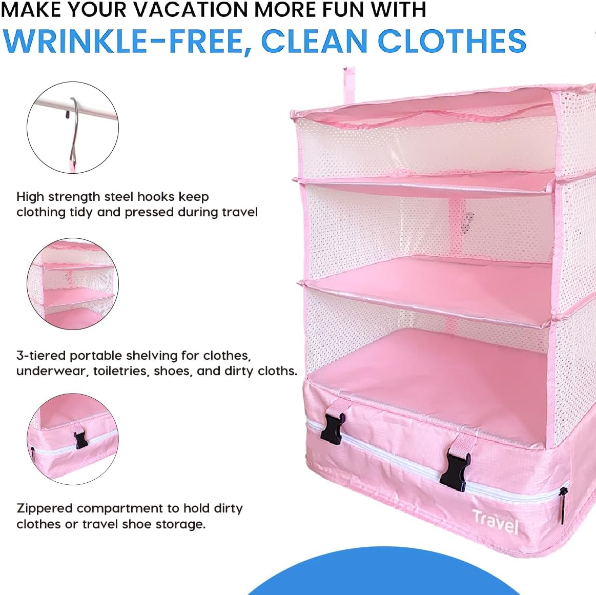 Grand Fusion Stow-N-Go Hanging Travel Shelves, Packing Organizer for Luggage. Carry on Closet for Suitcase. Expandable Packing Cube. Travel Essentials. (Black - L, L = (L) 11.8" x (W) 11.8")