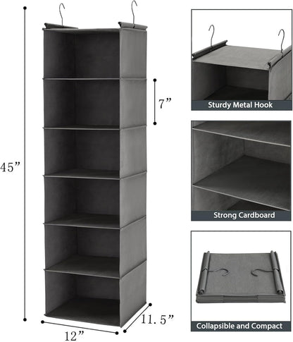 MAX Houser 6 Tier Shelf Hanging Closet Organizer, Closet Hanging Shelf with 2 Sturdy Hooks for Storage, Foldable (Grey)