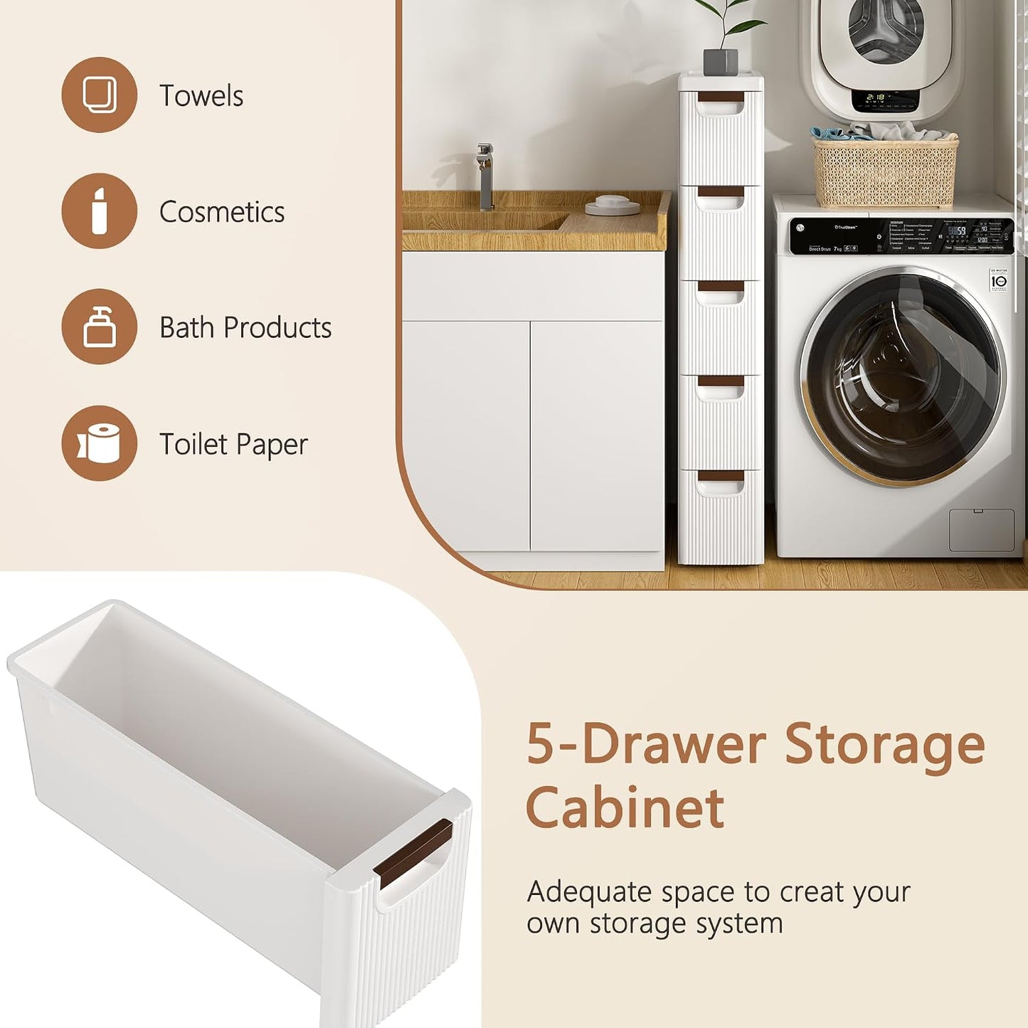 VECELO 3-Drawer Narrow Bathroom Storage Cabinet, Mobile Plastic Slim Rolling Organizer Cart with Built-in 4 Wheels for Living Room, Kitchen, Bathroom, Bedroom, Office, White(16.5" x 7.5" x 22.2")