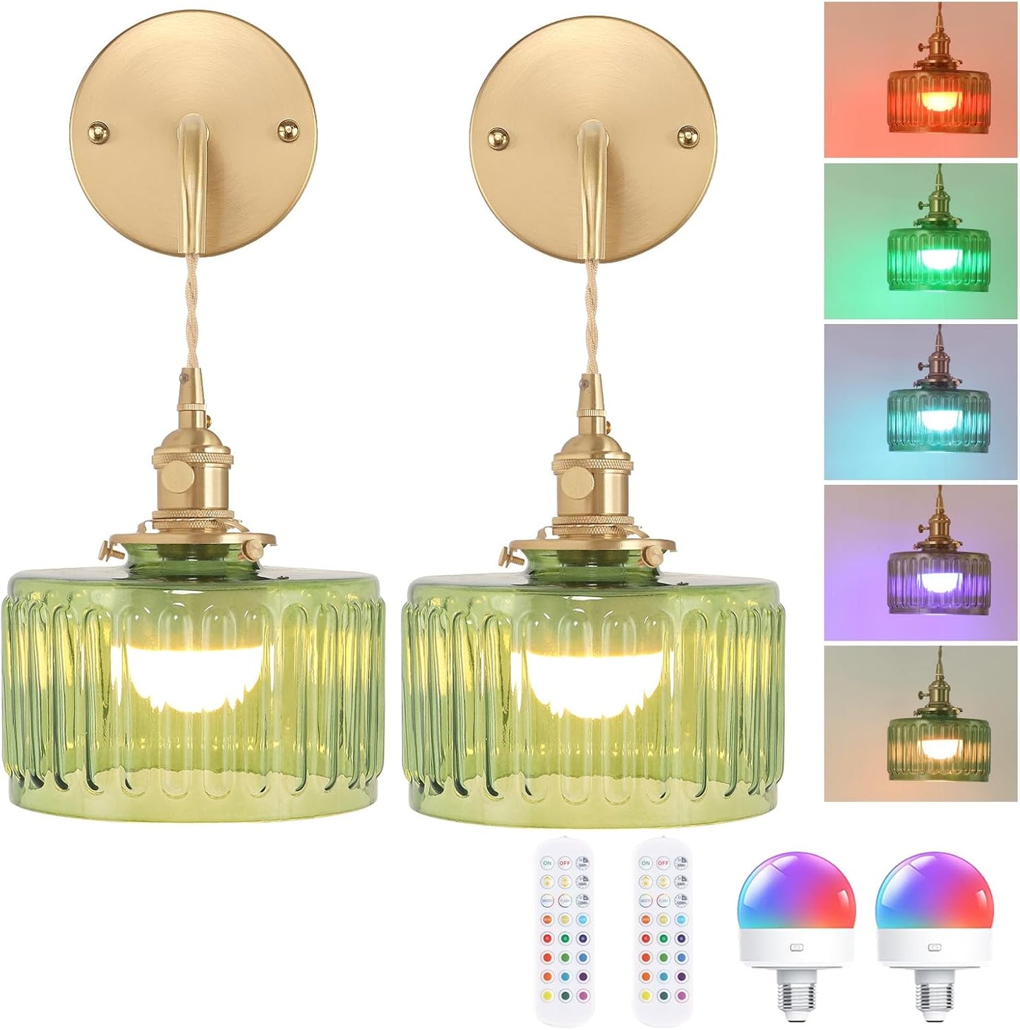 Shenmoyl Vintage Battery Operated Wall Sconce with Clear Striped Glass Lampshade 5000 mAh Rechargeable Battery Powered Wall Light with Remote Control for Bedside Bedroom Doorway, Set of 2