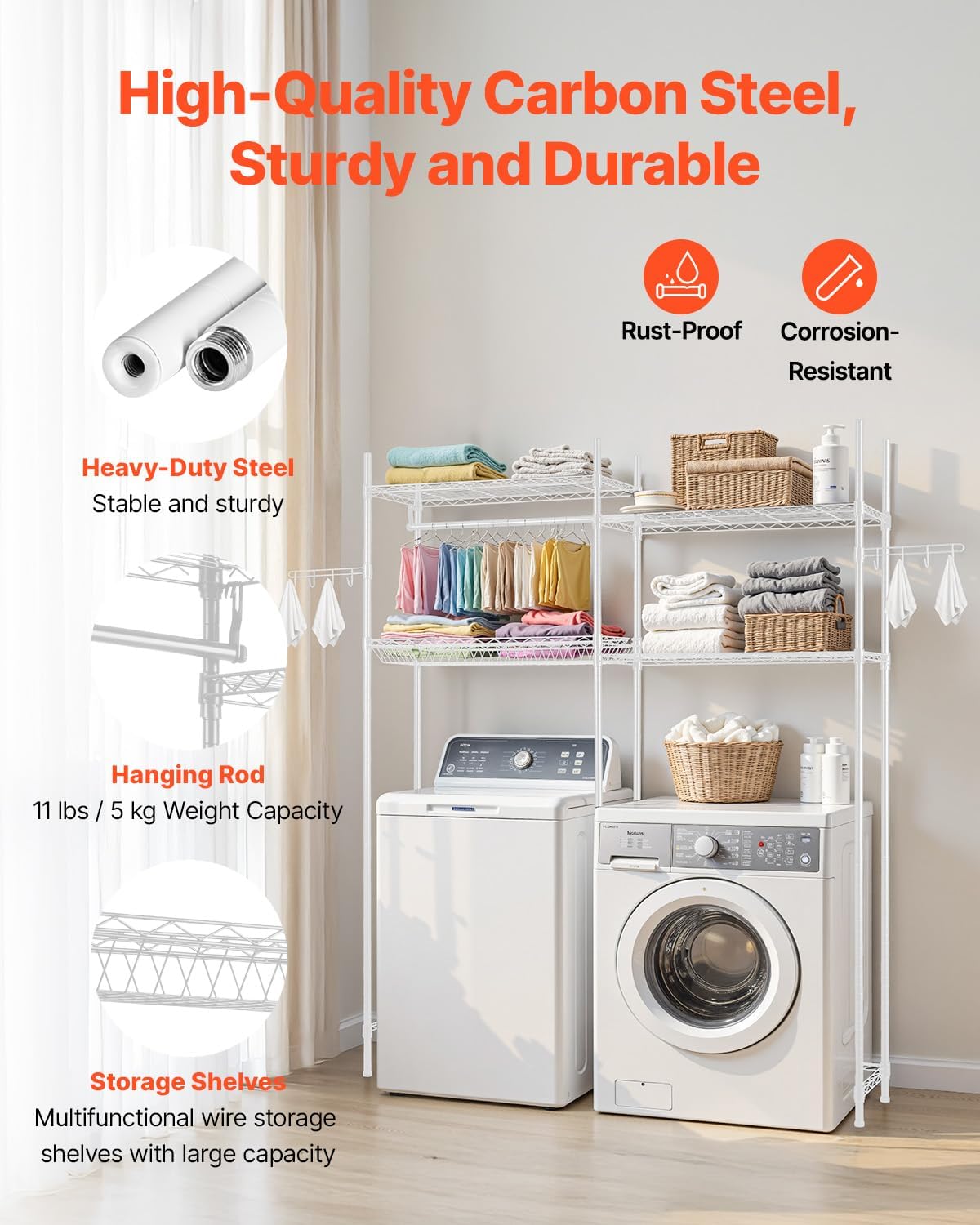 VEVOR Over The Washer and Dryer Storage Shelf, 3 Tier Laundry Room Drying Rack with Hanger Rod and Hooks, Adjustable Over Washer and Dryer Shelves, Laundry Room Shelf Storage Space Saver, Black