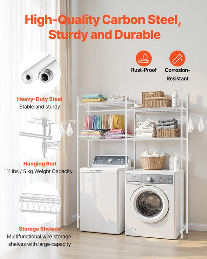 VEVOR Over The Washer and Dryer Storage Shelf, 3 Tier Laundry Room Drying Rack with Hanger Rod and Hooks, Adjustable Over Washer and Dryer Shelves, Laundry Room Shelf Storage Space Saver, Black