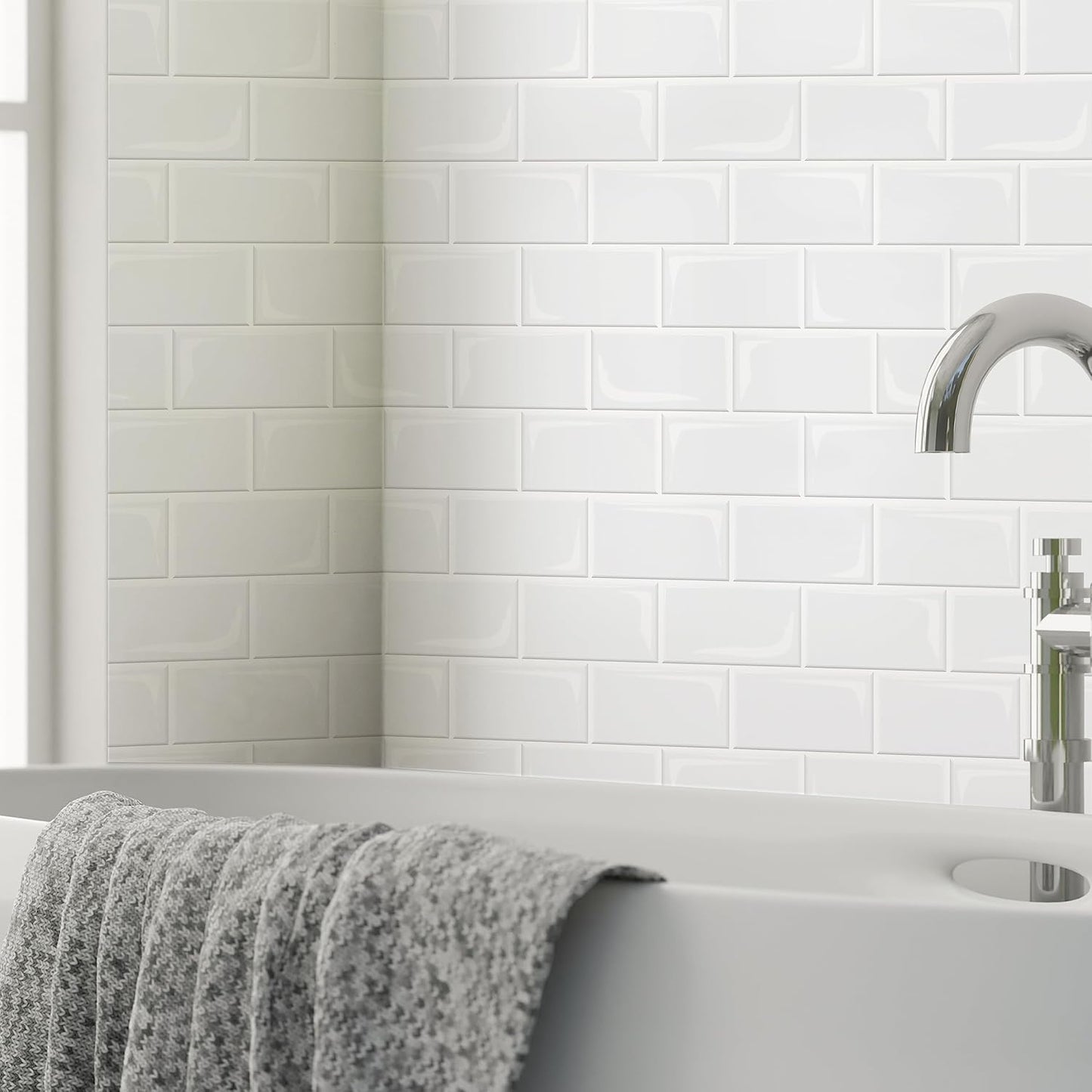 WALPLUS 20 Sheets Peel and Stick Kitchen Backsplash Tile Stickers Self Adhesive Stick on Subway Tile 12" x 6" Bathroom Splashback Water Heat Resistant 3D Wall Tiles Pure White Gray