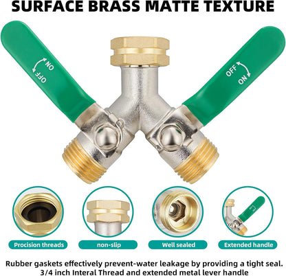 Hose Splitter 2 Way, High Flow Garden Hose Splitter, 3/4” Ght Inlet Brass Heavy Duty Hose Converter, Full Flow water 2 Way Faucet hose splitter, Long Handle Hose Valve Large Outlet.