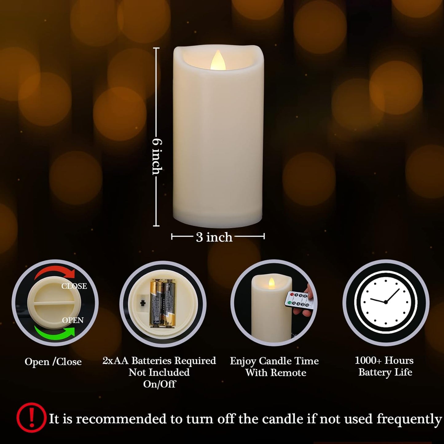 Flameless Flickering Candles with Remote and Timers, 1000 Hours Waterproof Outdoor Indoor Battery Operated LED Pillar Candles, Ivory Plastic, Set of 3(D 3" x H 4" 5" 6")