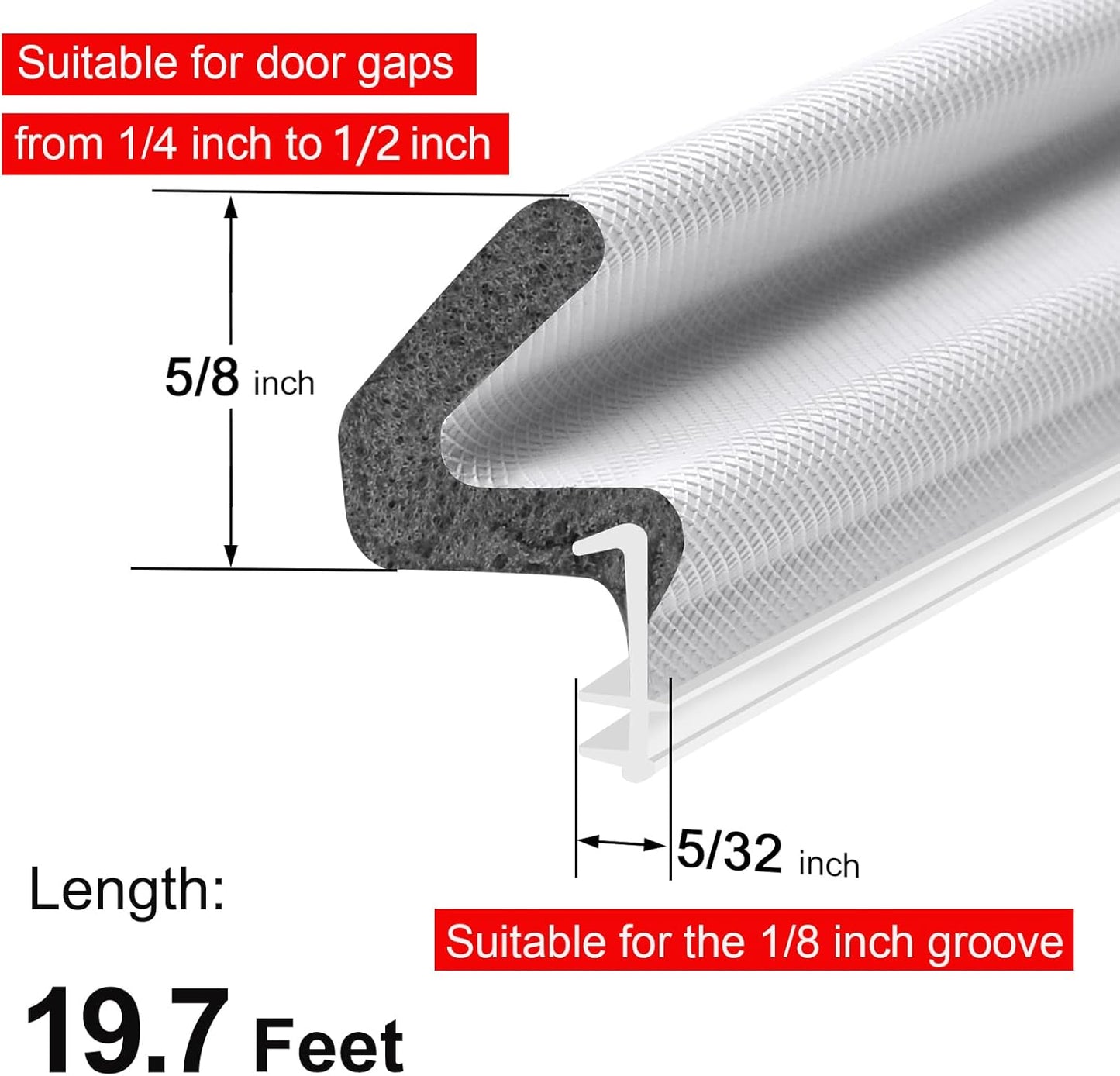 40FT Kerf V‑Shaped Weather Stripping Door Seal, Press‑in Seal for Pre‑Cut Slot Doors, Not Self‑Adhesive, Soundproof Draft Blocker for Exterior Front Doors, Fits Large Gaps, Easy DIY Install (White)