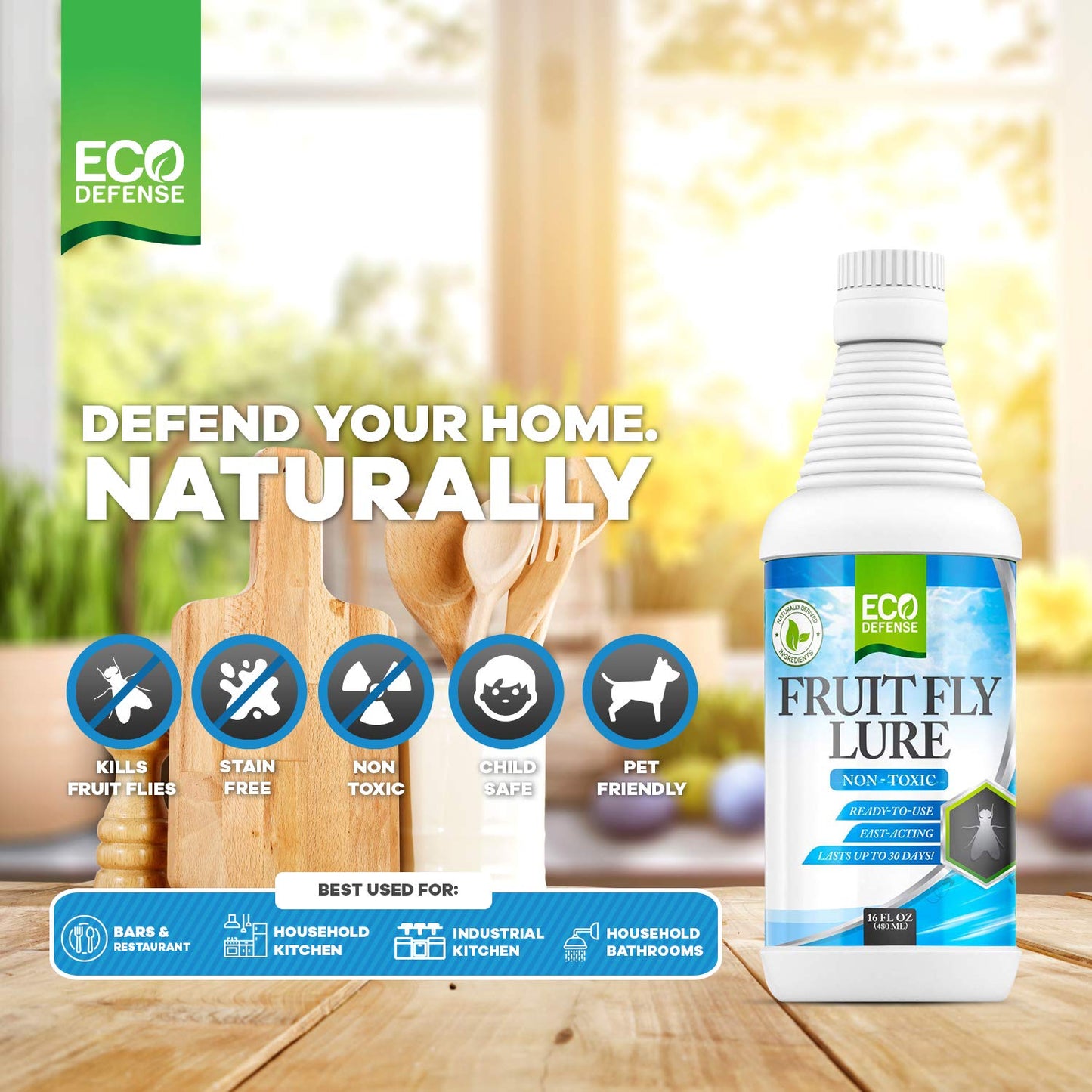 Eco Defense Fruit Fly Killer - Natural Fruit Fly Trap & Drain Fly Killer Treatment for Indoor Fly Control in Kitchen, Restaurants, and More, 16 Oz