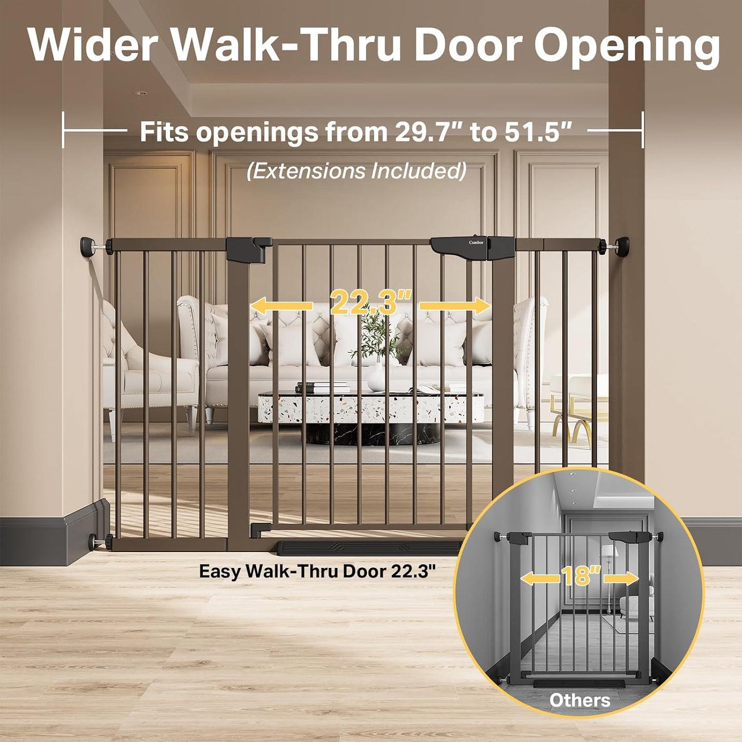 Cumbor 29.7-48" Baby Gate for Stairs, Mom's Choice Awards Winner-Dog Gate for Doorways, Auto Close Safety Pet Gate for Dogs Indoor, Easy Install Pressure Mounted Child Gate with Walk Thru Door, Brown