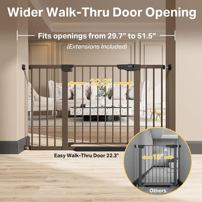 Cumbor 29.7-48" Baby Gate for Stairs, Mom's Choice Awards Winner-Dog Gate for Doorways, Auto Close Safety Pet Gate for Dogs Indoor, Easy Install Pressure Mounted Child Gate with Walk Thru Door, Brown