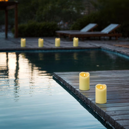 Amagic IP65 Waterproof Outdoor Flameless Candles with Remote, LED Candles Battery Operated with Timer, Flickering Fake Pillar Candle for Outside Patio Yard Decor, Ivory, Set of 5, D3 X H4 5" 6" 8" 8"
