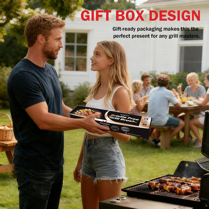 GrillChef Bristle Free Grill Brush, BBQ Steam Cleaning Brush with 2 Replacement Heads, Extra Long Wood Handle, Safe Grill Cleaner for Outdoor Grills, Gift Box Design for Dad Men