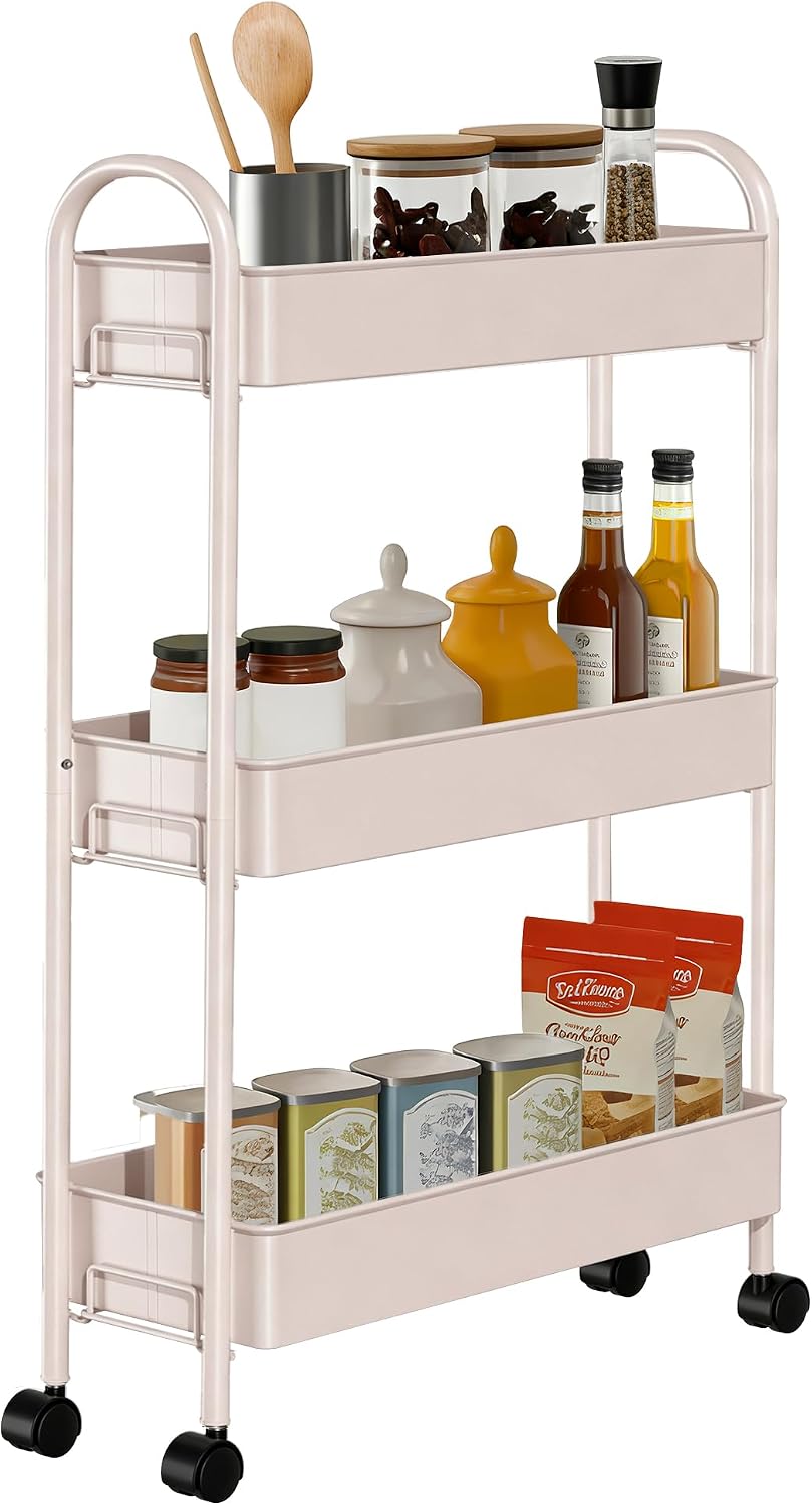 Slim Rolling Cart, Metal Frame Utility Rolling 3-Tier Narrow Storage Cart with Handle Kitchen Storage Organizer, Mobile Shelving Unit for Bathroom Kitchen