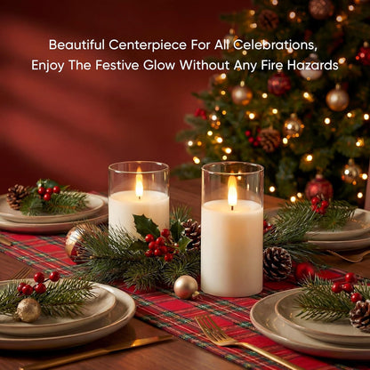 Amagic Clear Glass Flameless Candles Battery Operated with Timer, Remote Control, LED Pillar Candles, Battery Powered, Valentine's Day Decor, Pure White Wax, Set of 3