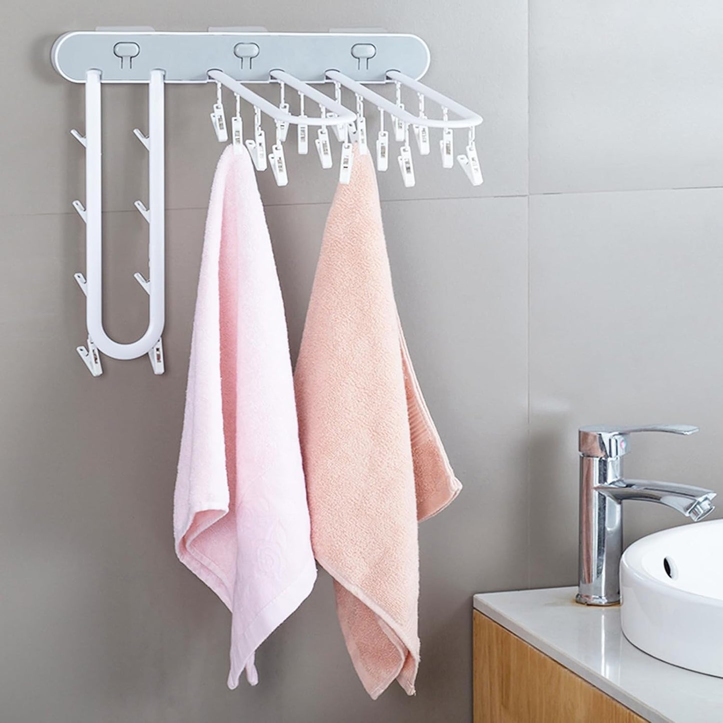 Clothes Drying Rack Wall Mounted, Clothes Drying Rack Folding Indoor with Clip, Balcony Drying Rack Dryer, Space Saver for Socks, Underwear, Rags, Towels