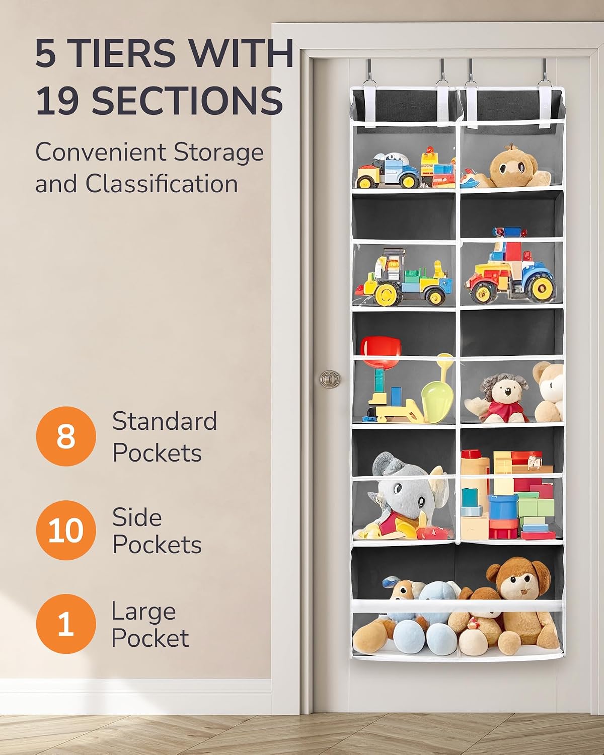 ULG Over the Door Organizer, 5-Tier Extra Large Hanging Storage with 10 Mesh Pockets, 100 lbs Capacity, Heavy Duty Door Organizer for Closet, Bedroom, Nursery Storage, Beige
