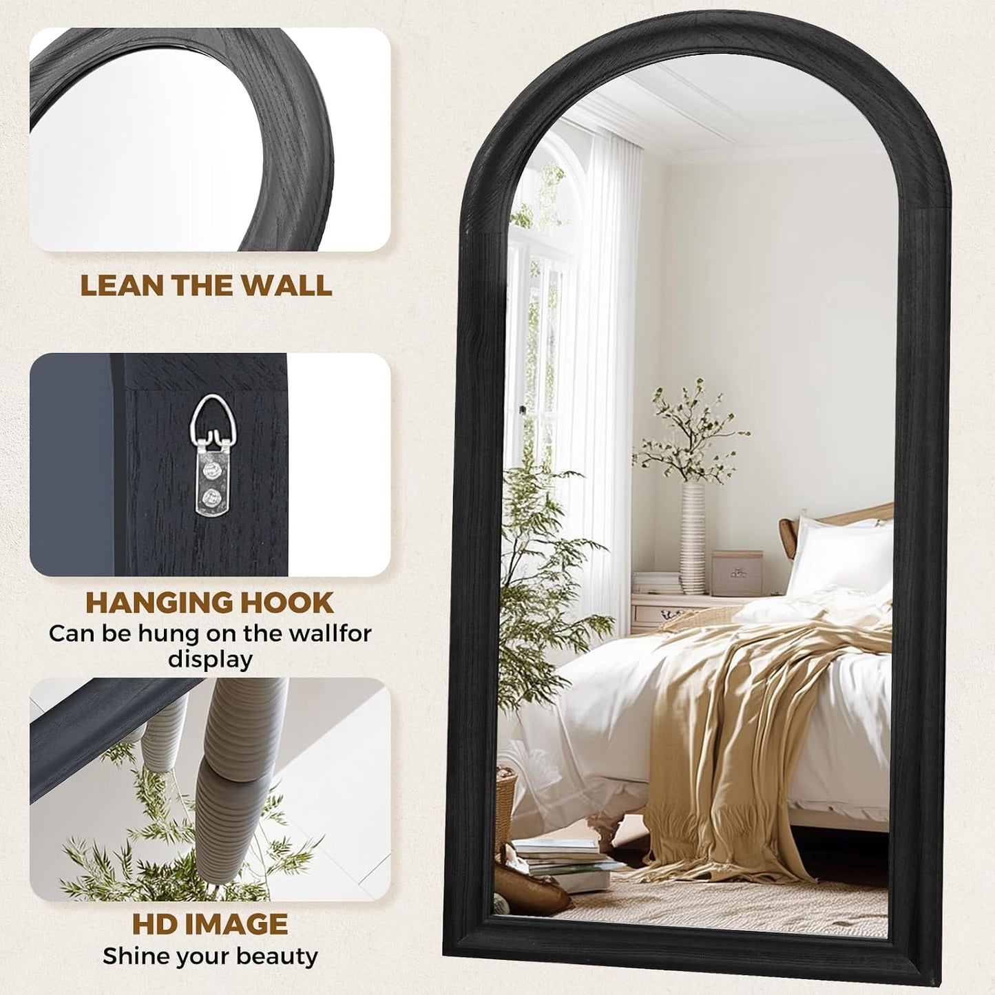 Solid Wood Full Length Mirror - 65"x22" Arched Floor Mirror, Free Standing & Wall Mounted - Elegant Design for Bedroom, Dressing Room, Hallway, Brown