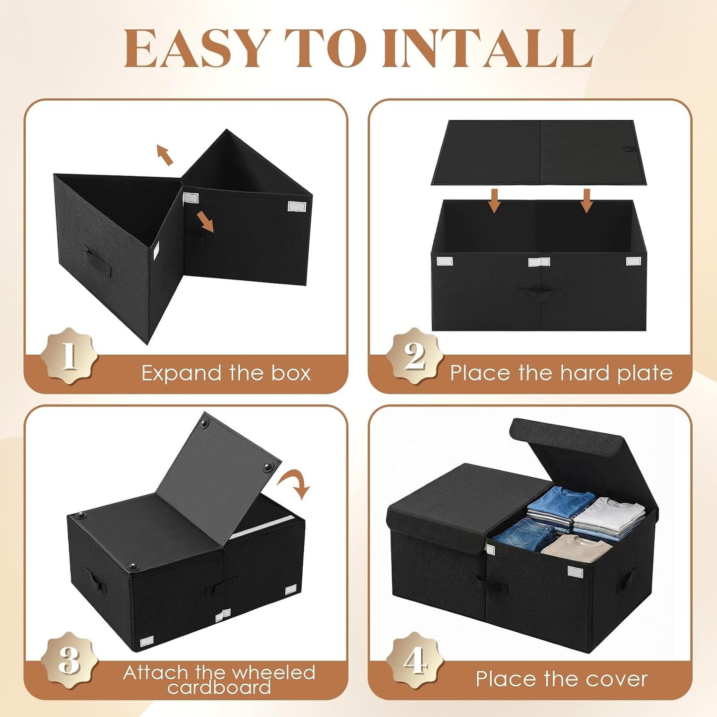 Geelin 4 Pack Under Bed Storage with Wheels, 10 Inch Height 65L Large Capacity Foldable Underbed Storage Bins with Lids & Handles, Easy Assembly Rolling Under Bed Containers for Clothes Blankets Shoes