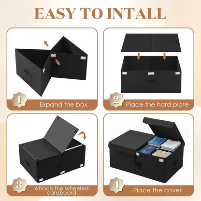 Geelin 4 Pack Under Bed Storage with Wheels, 10 Inch Height 65L Large Capacity Foldable Underbed Storage Bins with Lids & Handles, Easy Assembly Rolling Under Bed Containers for Clothes Blankets Shoes