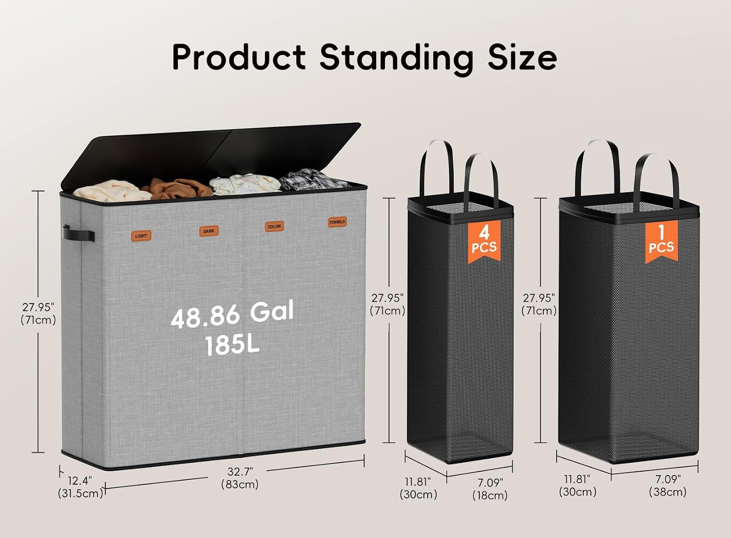 185L Laundry Hamper 3 Section, Laundry Hamper with Lid, Dirty Clothes Hamper with 3 Removable Washing Bags, Extra Large Laundry Basket Organizer for Bedroom, Laundry Room, Dorm - Black