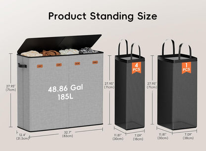 185L Laundry Hamper 3 Section, Laundry Hamper with Lid, Dirty Clothes Hamper with 3 Removable Washing Bags, Extra Large Laundry Basket Organizer for Bedroom, Laundry Room, Dorm - Black