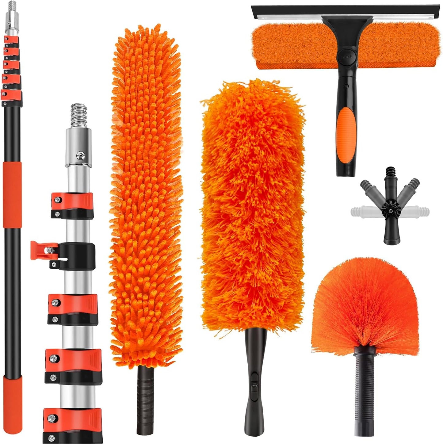 26FT High Reach Duster Cleaning Kit with 5-20 FT Extension Pole,High Ceiling Dusting and Window Cleaning Kit with Microfiber Feather Duster,Cobweb Duster,Ceiling Fan Duster,Window Squeegee Cleaner
